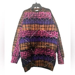 New Vintage Abstract Chevron Zig Zag Print Sweatshirt Purple Tan Black Large